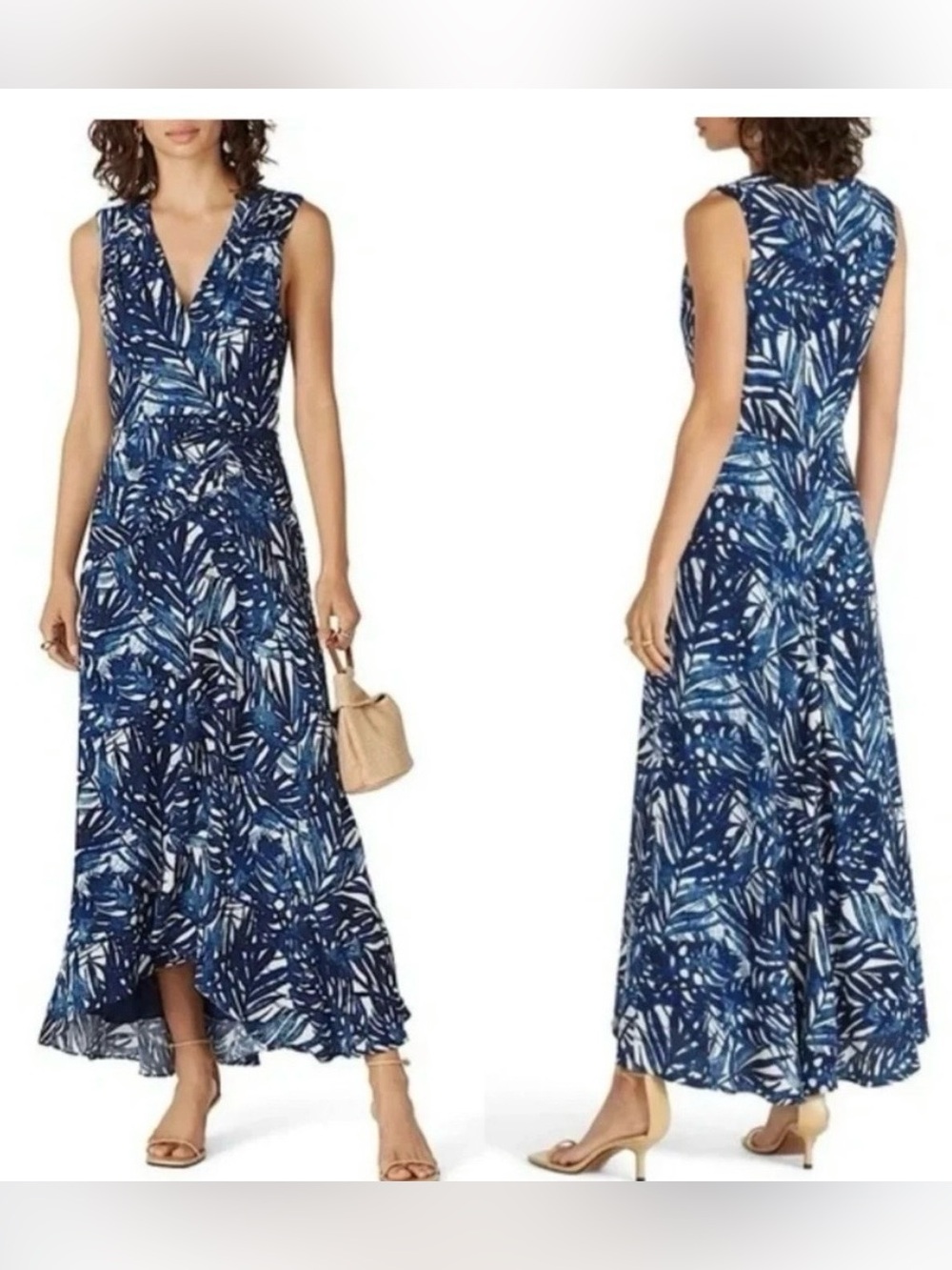 Jonathan Simkhai Priscilla Ruched Midi Dress Size 6 Blue White Palm Leaf Print